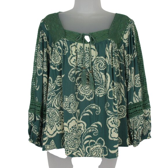 Angie Green Floral Peasant Sleeve & Boho Inspired Blouse Top Romantic Size L - Picture 2 of 8